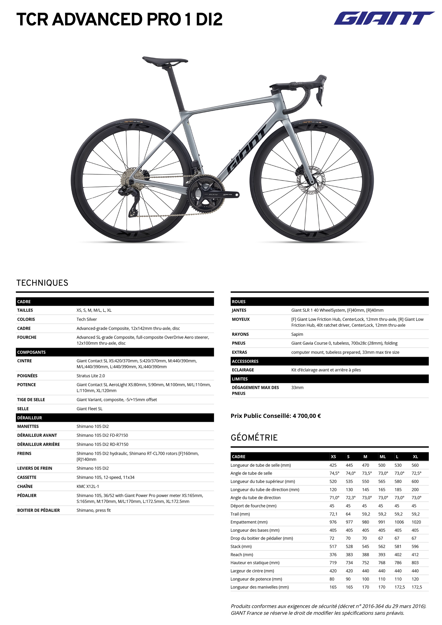 Fiche technique du velo TCR Advanced Pro 1 Di2 année 2026